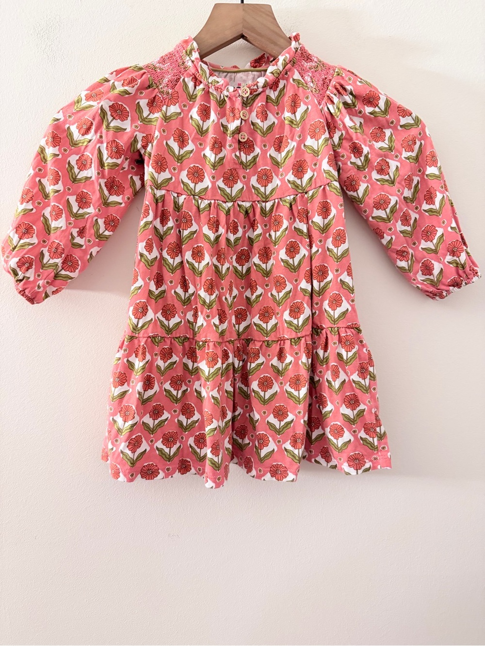 Mini Boden Floral Long Sleeve Cotton Blend Jersey Tiered Dress 2-3